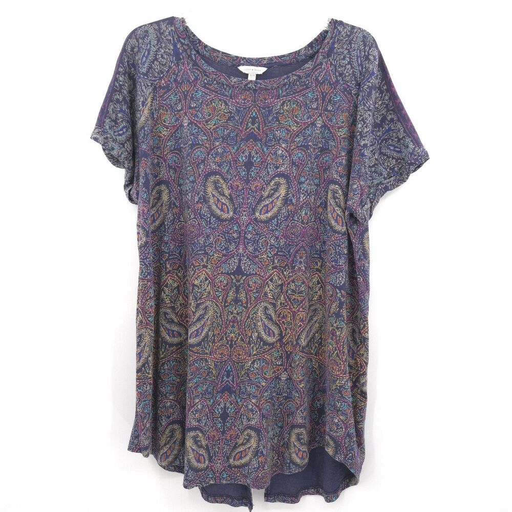 Lucky Brand paisley tunic top Size 1X short sleeve crew neck split back hem Boho